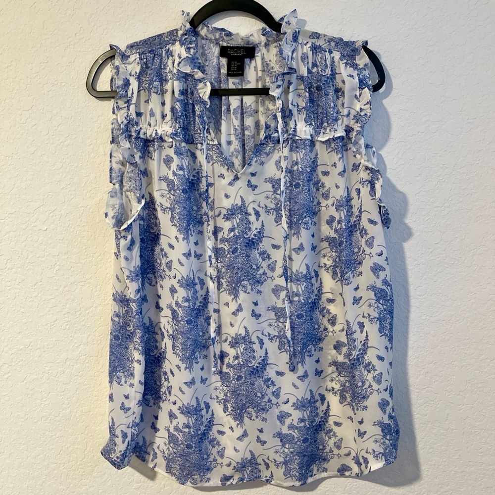 RACHEL Rachel Roy White & Blue Floral Ruffle Sleeveless Top